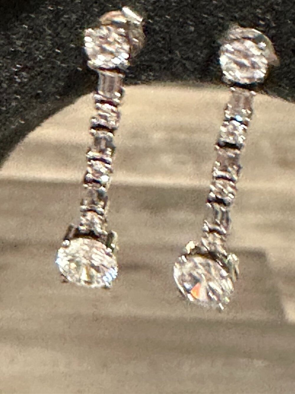 Art Deco Ster. Silver 925 CZ Drop Earrings Round Baguette 1.25" Long Signed CC